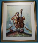 Framed Picture Depicting A Clown Playing A Double Bass, Unsigned,