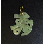 Chinese Carved Jade Good Luck Pendant, 14ct Gold Mount And Bale Marked H Kong