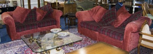 Modern Matching 3 Seater and 2 Seater Sofas In Terracotta With Tartan Cushions