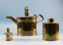 A Vintage Brass Watering Can and Two Lidded Canisters Watering Can. Size 10 Inches High.
