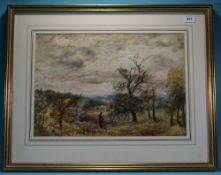 Framed Watercolour, Country Landscape With Figure,