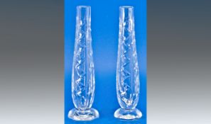 Pair of Waterford Crystal Bud Vases, simple vertical zig-zag and line pattern; 7 inches high; acid