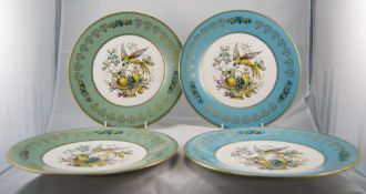 Aynsley Set of Four Buffet Plates, decorated with a turquoise border with bird and fruit