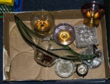 Mixed Box Comprising Various Glass Items To Include A Large Green Bowl, Cruet Set, Glasses, Ships