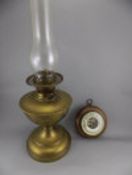 Early 20thC Brass Oil Lamp, glass funnel and double wick. 24 inches high. Together with a small