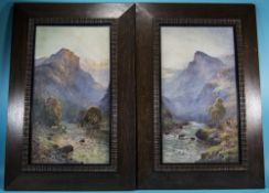 Pair Of Early 20thC Broad Oak Framed Breanski Prints Depicting Highland Cattle And Mountainous