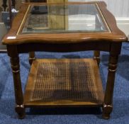 Modern Coffee/Side Table Glass Top, Turned Supports With Rattan Shelf Base,