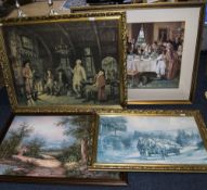 Collection Of 3 Framed Decorative Prints Together With An Oil On Canvas Depicting A Country