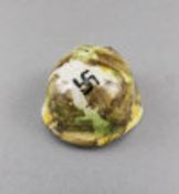 Pottery WWII German Miniature Helmet, Decorated In Camouflage With Swastika, Approx 2 Inches