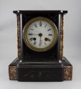 French 19th Century Black Marble Mantel Clock. Features White Porcelain Dial, Black Numerals.