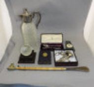 Mixed Lot Containing A Silver Plated Spoon And Fork, A Shoe Horn, Vintage money box post office