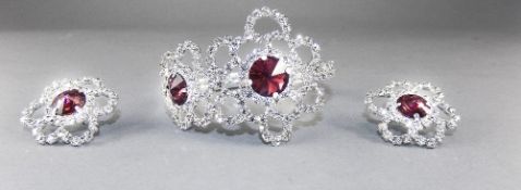 Merlot and Clear Crystal Bangle and Earrings Set, the bangle having two clear crystal openwork