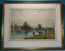 Framed Watercolour, Country Landscape, Fishermen And Rivers,