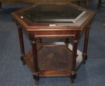 Modern Hexagonal Coffee Table, Bevelled Glass Top WIth Rattan Base Shelf, Raised On Turned Supports,