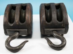 Two Wooden Double Pulley Blocks