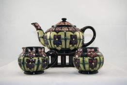 Moorcroft Fine Quality Tubelined 3 Piece Teaset 'Violet' Pattern. Designer Sally Tuffin.