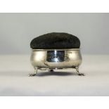1919 Silver Pin Cushion With Hinged Lid, Cauldron Shaped, Raised On 3 Claw Feet, Hinged Padded Top