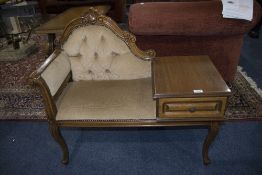 Mahogany Framed Hall/Telephone Chair Button Back Upholstered Seat, Single Drawer, Carved Frame,