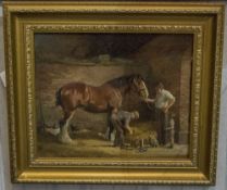 Ruth Gibbons 1945 - Blacksmiths Horse, Changing a Shire horses Shoe - Oil on Canvas. Signed. 9.5 x