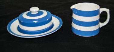 T G Green Cornish Ware Butter Dish And Cover, Together With A Cream Jug,