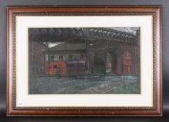 John Mackie 1953 - Early 1980's Study of an Unused Train Station In Glasgow. Pastel, Signed. Mounted