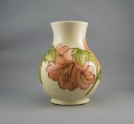 Moorcroft Tube lined Large Bulbous Shaped Vase with Coral Hibiscus Design on Cream Ground. c.1970's.