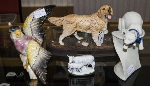 Royal Doulton Animal And Bird Sculptures The Retriever, On Plinth, Together With A Parrot Figure,