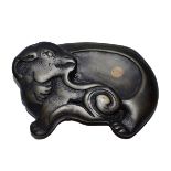 浮雕羊形端硯 A Ram-Form Duan Inkstone Recumbent ram naturalistically carved with head turned and the