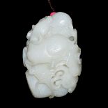 和田白玉鏤雕臥牛如意藕莢把玩 Hetian White Jade Reticulated Pebble of Recumbent Buffalo with Ruyi Carved in the