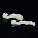 和田白玉雕龍鳳帶鈎兩件 A Set of Two Hetian White Jade Dragon-Phoenix Belt Hooks Each with Qilin on the shaft