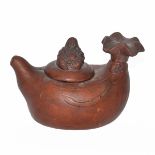 周桂珍&#65293；紫砂彌佛壺 底款(周桂珍造) Zisha Teapot with Maitreya as Bud Finial and Lotus as Handle Ascribed