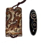 古掛飾兩件:小螭龍雙連玉琮,六眼天珠 A Small Archaistic Relief Carved Qilin Twin-linked Jade Cong Pendant & a