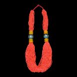 西藏嵌鑲綠松石珠蜜蠟珠珊瑚珠項飾 Tibet Multi-Strand Coral Beads Necklace with Amber Beads and Inlaid Turquoise