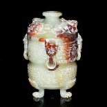 明－玉雕獸首活環螭龍饕餮纹三獸足蓋尊 Ming,Carved Jade Tripod Ding with Cover and Qilins Beast head handles with