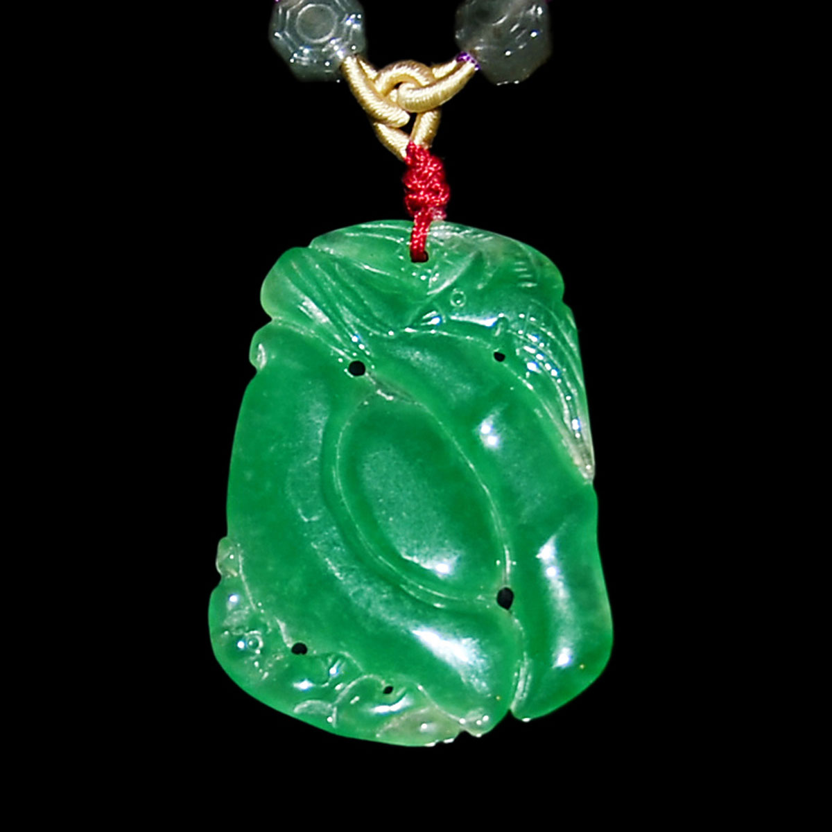 冰種翡翠雙面雕鳳竹圖掛墜項鍊 Glass Jadeite Pendant Necklace Carved on Both Sides with Phoenix & Bamboo Motifs.