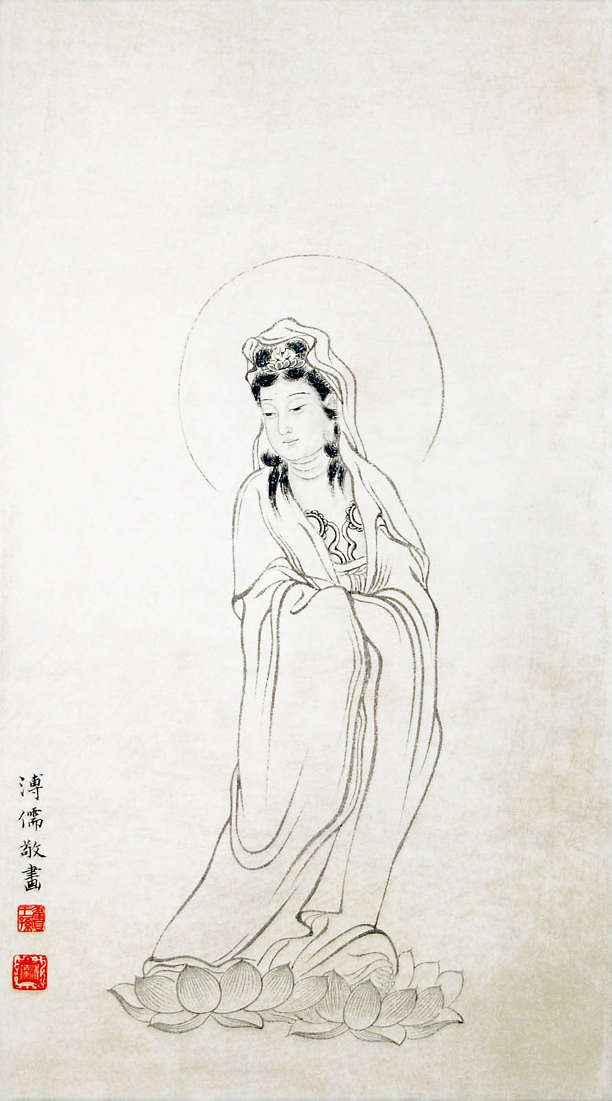 溥儒(心畬)  (1896 - 1963)  白描觀音  水墨紙本立軸  款識：溥儒敬畫  鈐印：(舊王孫)(溥儒)  Pu Ru  Guanyin  Hanging Scroll,  Ink &