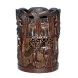 竹透雕人物樓閣花口筆筒 A Reticulated Bamboo Brush Pot The Brush Pot finely carved in high relief with