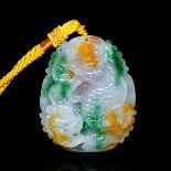 冰種翡翠福祿壽三色浮雕魚化龍把玩 Glass Jadeite Tri-Color Pebble Carved with Mythical Dragon-Carp (Yulong) Rising
