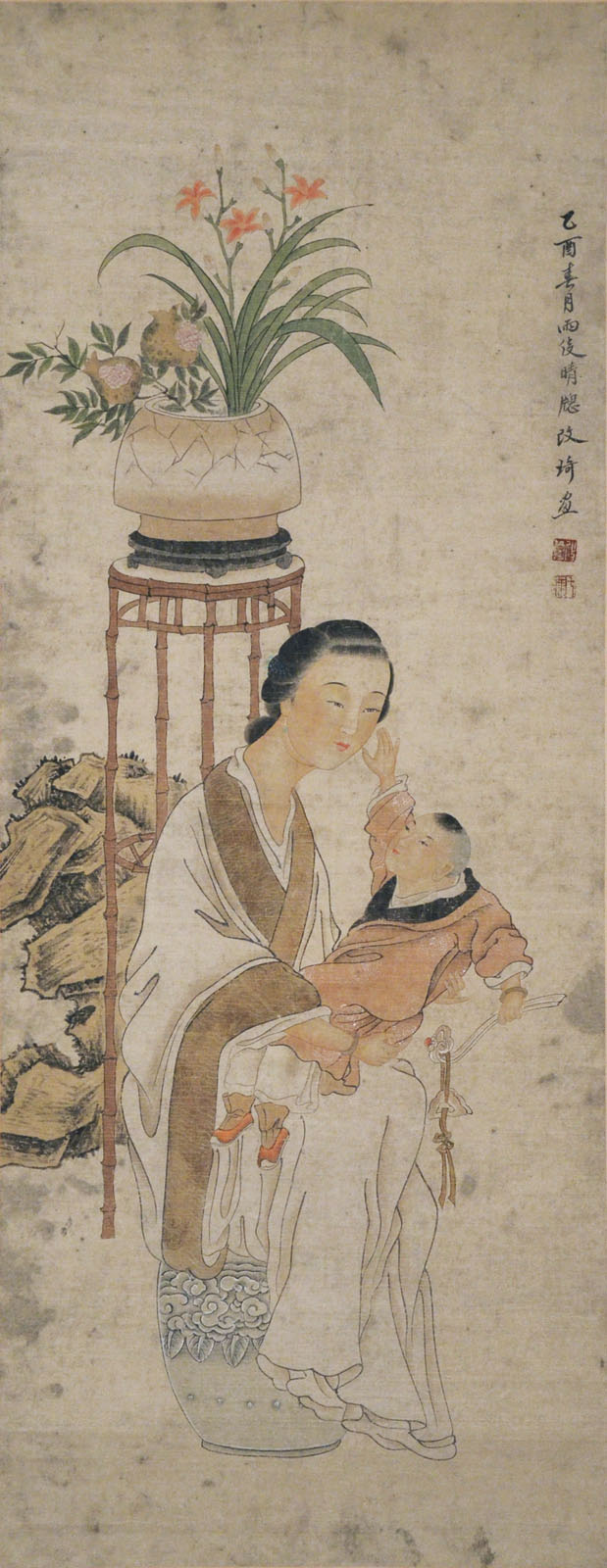 清 改琦  (1773 - 1828)  母子圖  設色水墨紙本立軸  1825 年作  款識：  乙酉春月雨後  晴牕改琦畫  鈐印：(改琦)(七薌)  Gai Qi  Qing