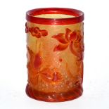 紅料灑銀浮雕荷池金魚筆筒 (乾隆年製)四字雙行篆書刻款 A Translucent Cylindrical Red Glass Fish Brush Pot with Silver Fleck