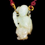 和田白玉精雕人物掛飾連項錬 Carved White Jade Figure Pendant with Necklace Height: 1⅞ in (4.8 cm)  Weight: 29 g