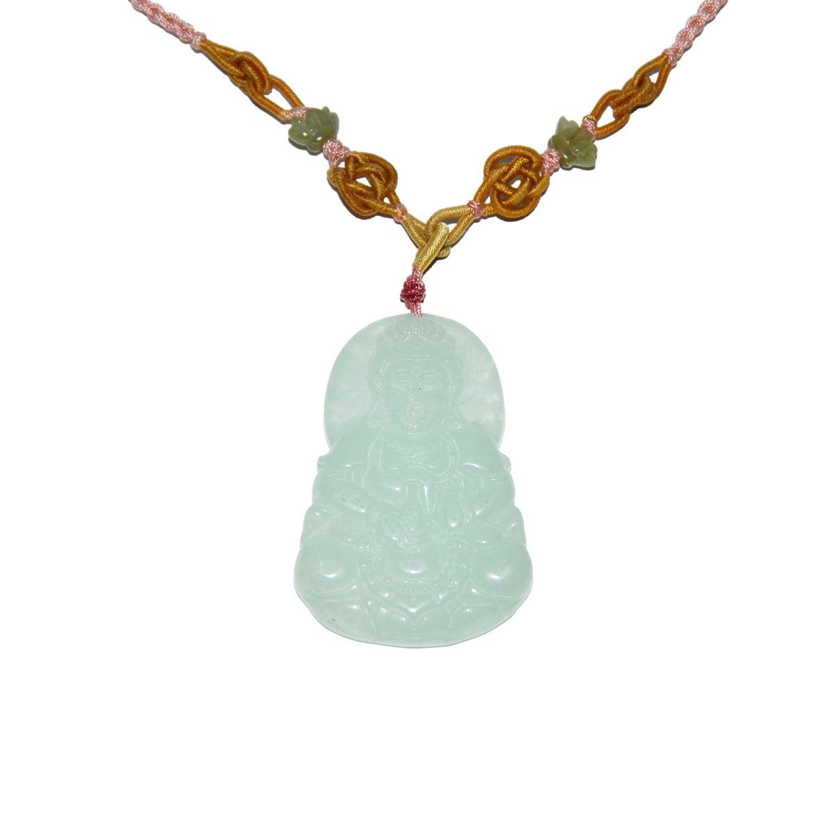 玻璃種翡翠雕觀音掛飾連項錬  Glass Jadeite Pendant Carved with Guanyin Height: 2¼ in (5.7 cm)  Weight: 32 g