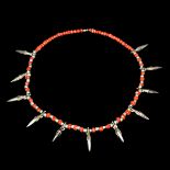 天然紅珊瑚方柱珠銀花蕾項鏈掛飾 Naturalistic Coral Beads Necklace with Silver Beads and Ritual Decorations Diameter: