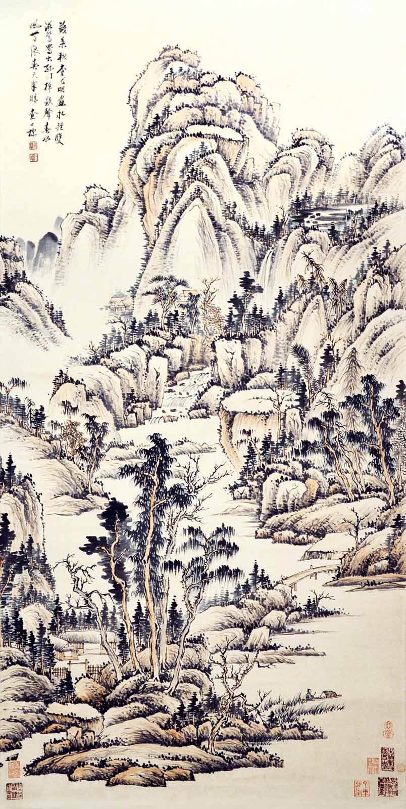 清 查士標  (1615 - 1698)  春水風無浪  設色水墨紙本立軸  款識：  蘋葉秋，杏花明，  畫永輕，雙滋鴛鴦出孤汀；  槕數聲，春水風無浪，  春天半晴。查士標  鈐印：(查士標)(