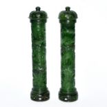 碧玉浮雕松竹梅香筒帶蓋一對 A Pair of Fine Mottled Green Jade Incense Holder with Cover Of cylindrical form,