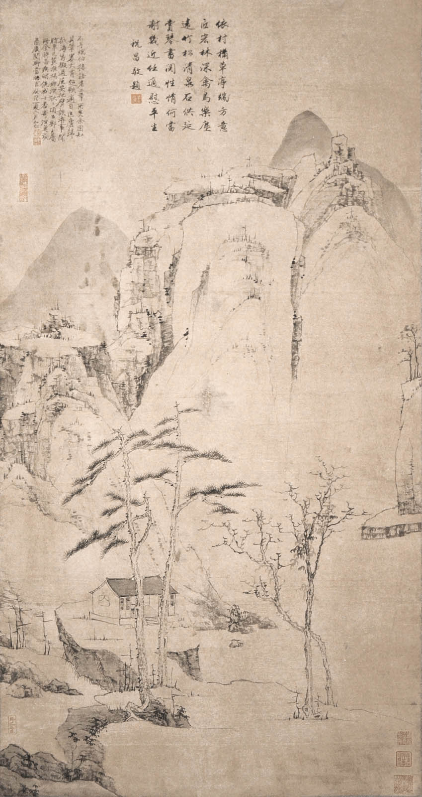 清 弘仁 (漸江學人)  (1388 - 1462)  黃山隱逸圖  水墨紙本立軸  1423 年作  款識：  不與端伯接語者三秊，  所矣余固知其筆墨，  大有超軼  適自匡盧歸抵海易  擬過尸立