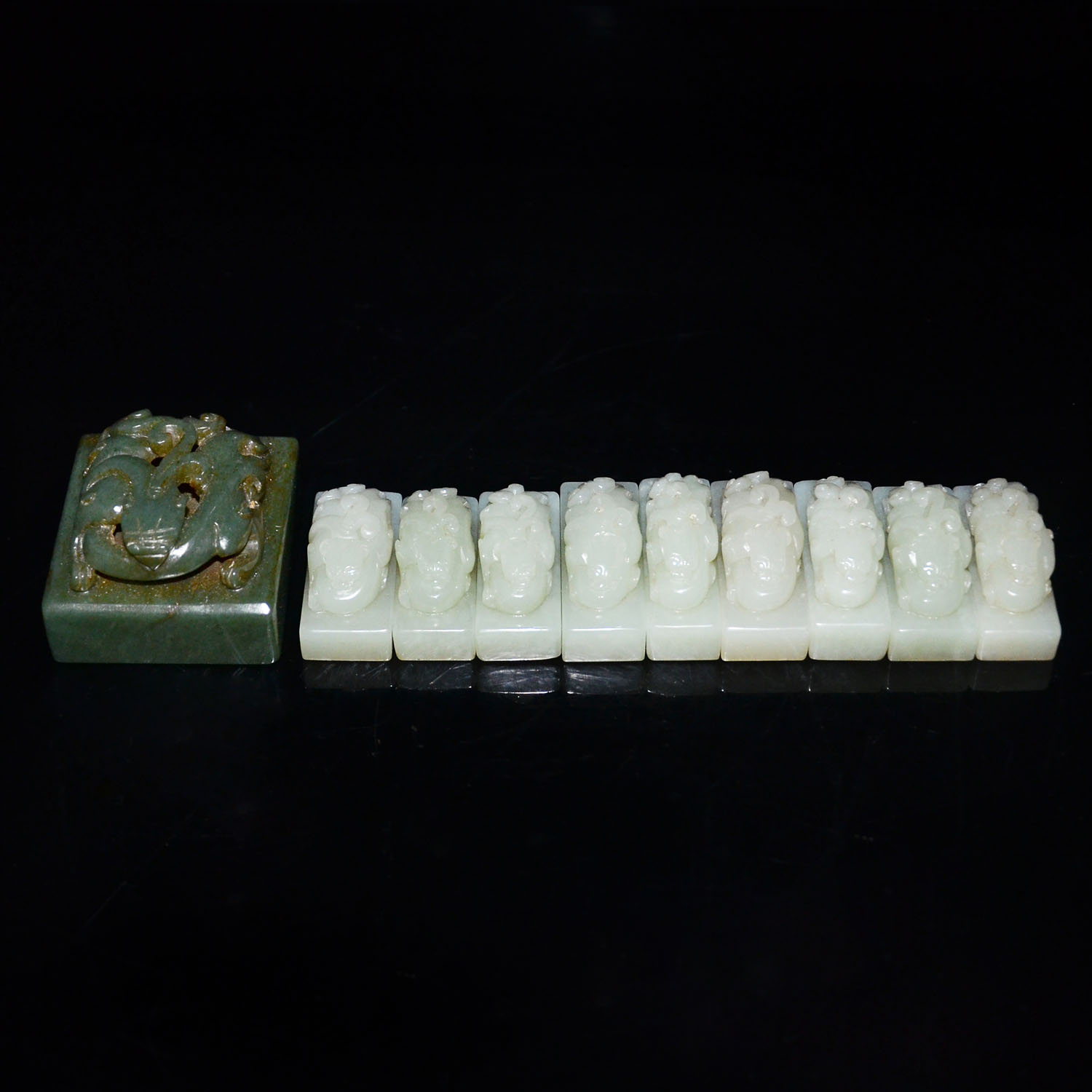 青玉龍鈕印章 白玉龍鈕小印章一組九件 A Group of One Square Spinach Green Jade Seal with Dragon Knob and Nine