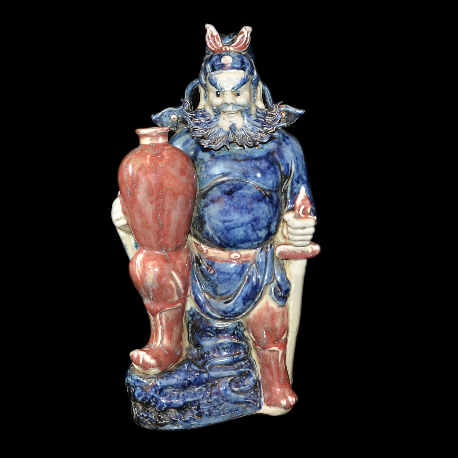 青花釉裡紅塑雕醉鍾馗擺件 A Large Underglazed Blue with Copper-Red Figure of Zhong Kui, The Demon Queller, with