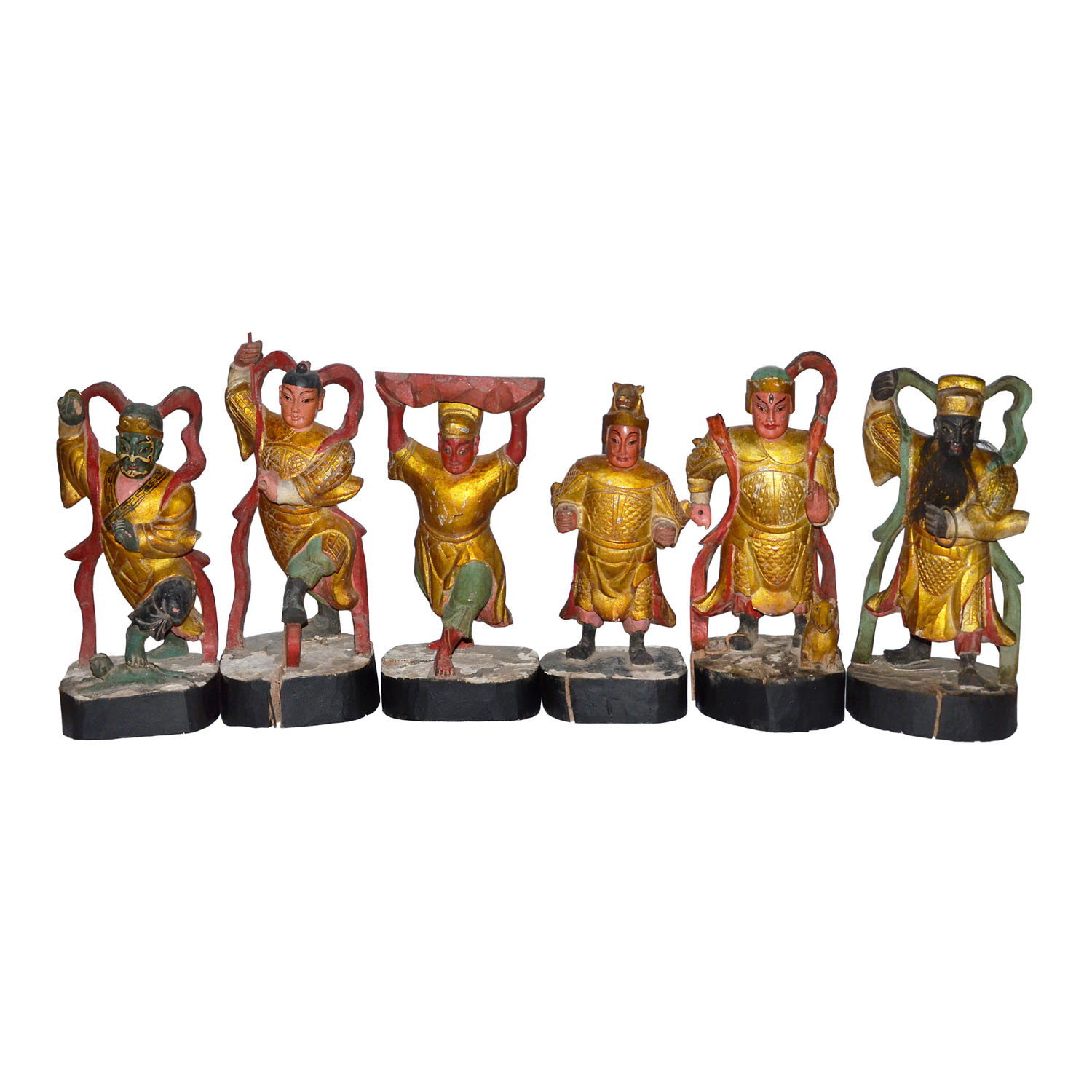 木雕彩繪塗金威武天神將(一組六件) A Group of Six Polychrome Gilt Painted Temple Wood Deity Figures (6) Boldly carved