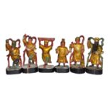 木雕彩繪塗金威武天神將(一組六件) A Group of Six Polychrome Gilt Painted Temple Wood Deity Figures (6) Boldly carved